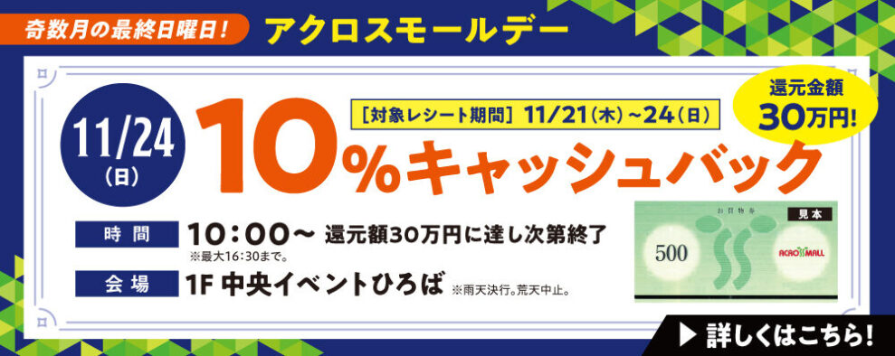 アクロスモールデー　10％キャッシュバック